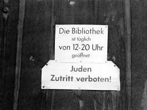 Forbidden: Anti-semitic sign on a public library door, Munich, Bavaria