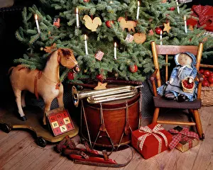Antique Toys Musical Instruments Under a Blue