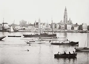 Rowboat: Anvers, Antwerp, Belgium, the city from the river