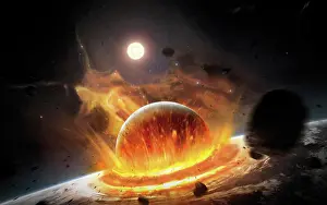 Hitting: Apocalyptic space scene with two colliding planets