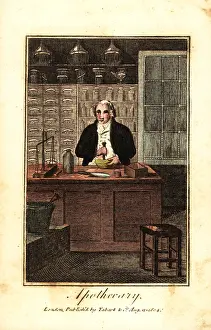 Pestle: Apothecary in his shop using a mortar and