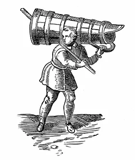 Apprentice: An apprentice, carrying a vessel wooden as tall