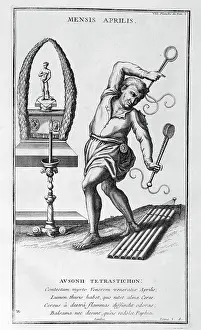 Represented: April, represented as a man dancing before a statue
