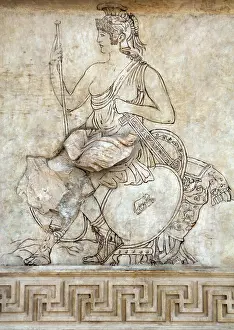 Allegorical: Ara Pacis Augustae. Goddess Roma, sitting on a pile of troph