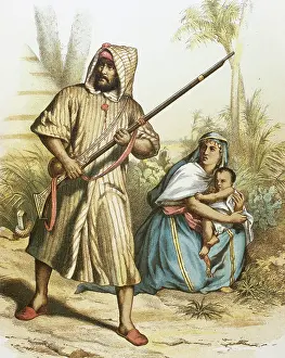 Hide: Arab family. Colored engraving
