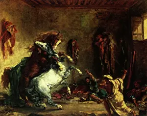 Equines: Arab Horses Fighting in a Stable, by Delacroix