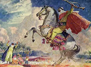 Brandishing: Arab man on white horse