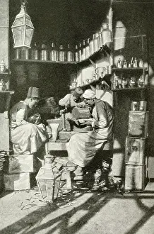 Kerosene: Arab tinsmiths at work in a shop, Cairo, Egypt