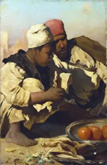 Oranges: Arabs seated in a Cairo market'. Boy is eating