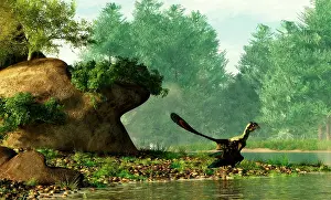 Loneliness: Archaeopteryx on the shore of a river