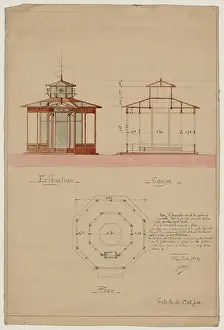 Aviary: Architectural drawing showing elevation, cross section, and