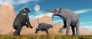 Odd Toed: An Arctodus Bear chasing a young Deinotherium