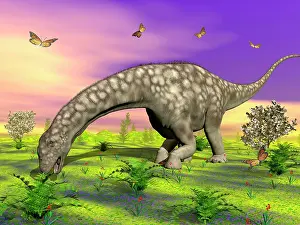 Huinculensis: Argentinosaurus eating plants while surrounded by ?