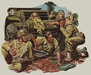 Fixing: Army Soldier fixing Jeep