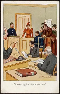 Satires: Arrested Suffragette in the Dock prtests against man-made