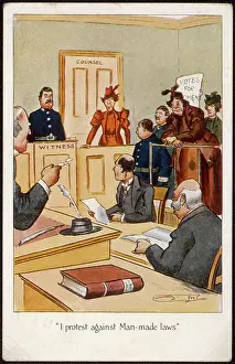 Satires: Arrested Suffragette in the Dock prtests against man-made