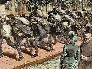 Immigration: Arrival of Italian immigrants to New York. 1863. Colored eng