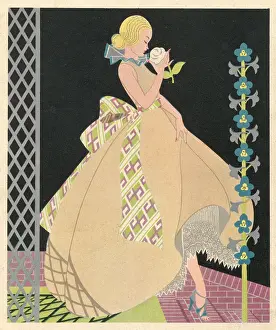 Quarterly: Art Deco lady smelling a white rose