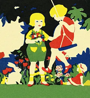 Playtime Nostalgia Illustration: Art deco style children on a swing