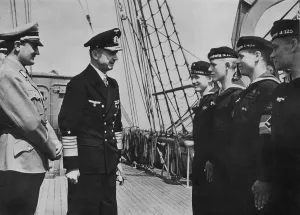 Crews: Arthur Axmann and Karl Doenitz in front of members of the Na