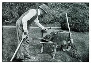 Gardener: Arthur Trower gardening, with robin on wheelbarrow