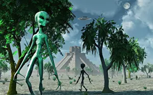 Aliens: Artist's concept of aliens helping the Mayans build complex