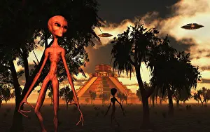 Aliens: Artist's concept of aliens helping the Mayans build complex