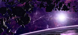 Planetoid: Artist's concept of an asteroid field against a celestial ?