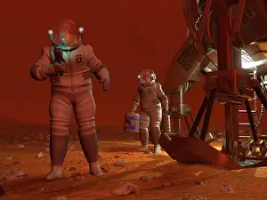 Moons: Artist's concept of astronauts exploring the surface of ?