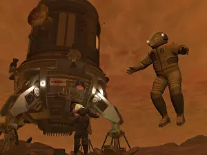 Moons: Artist's concept of astronauts exploring the surface of ?