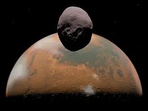 Planetoid: Artist's concept of Mars and its tiny moon Phobos