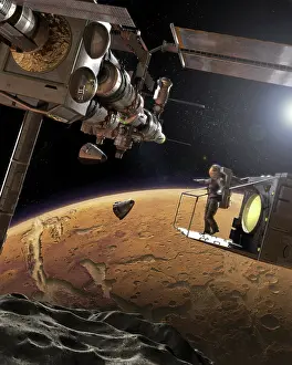 Orbital: Artist's concept of an orbital outpost above Phobos, the ?