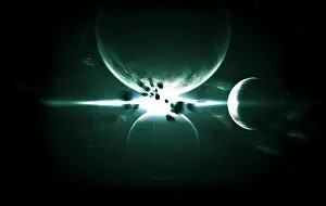 Symmetrical: Artist's concept of a planet and its 3 moons aligned in a ?