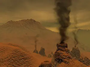 Cones: Artist's concept of volcanic activity on the surface of ?