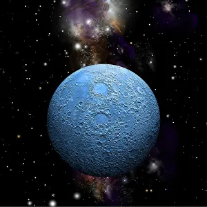 Starfield: Artist's depiction of a cratered moon in space with a ?