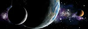 Satellites: Artist's depiction of an Earth-like planet with orbiting ?