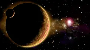 Satellites: Artist's depiction of an orange and cloudy world with two ?