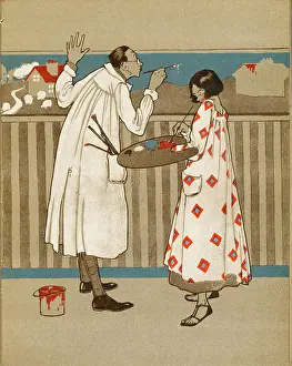 Joyce Dennys: Two artists working on a mural, WW1