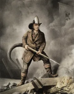 Extinguish: Artwork of a fireman maneuvering a nozzle in an