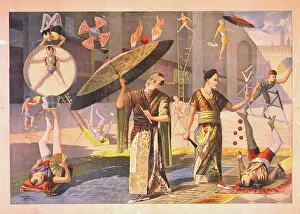 Acrobats: Twelve Asian acrobats performing