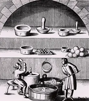 Ercker: Assaying of silver in 1574. Copperplate engraving