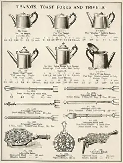 Teapots: An assortment of teapots, toast forks and trivets