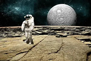Moonlight: An astronaut on a barren planet with moon rising over the ?