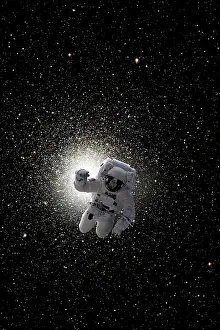Constellation: Astronaut floating in deep space with large cluster galaxy ?