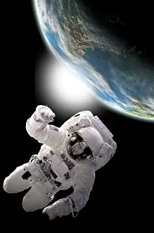 Unrecognizable: Astronaut floating in outer space with visible sunrise from