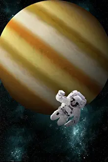 Jupiter: An astronaut floating in space in front of a Jupiter-like ?