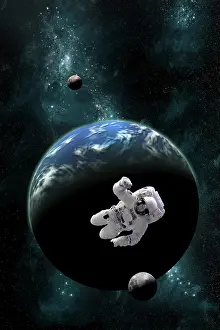 Satellites: An astronaut floating in front of a water covered world ?