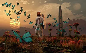 Swarm: An astronaut is greeted by a swarm of butterflies on an ?