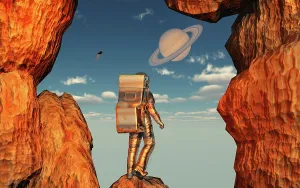Saturn: An astronaut looking at a nearby exoplanet from