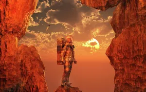 Humanoid: An astronaut looking at a Sun from a cave entrance